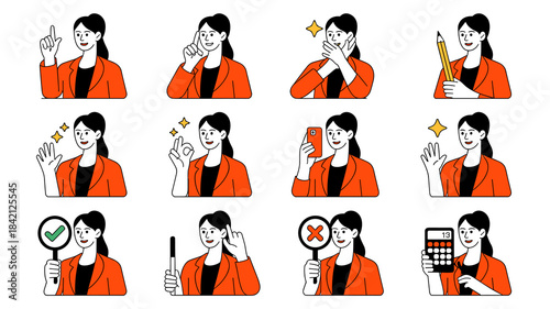 Professional Woman Demonstrating Diverse Actions and Emotions in a Modern Office Setting, Ideal for Business Presentations and Marketing Materials. Confident Young Executive Showcasing Communication,