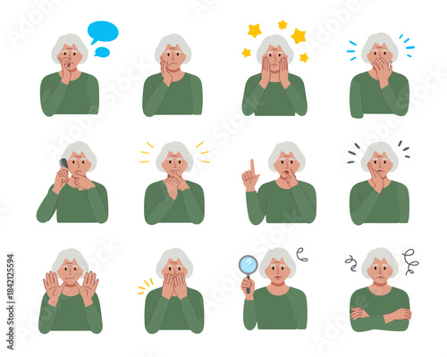 Worried Senior Woman Expressing Emotions & Feelings: Diverse Set of Pensive Elderly Character in Various States of Mind, Contemplative Expressions for Healthcare, Lifestyle Presentation, or Social Med