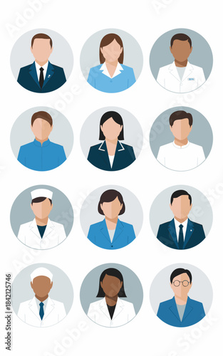 Diverse Professionals Group Portraits: Healthcare, Business, and Education Teamwork, Corporate Environment, Modern and Minimalist Style for Website Profile Avatars and Organization Charts, Illustratio