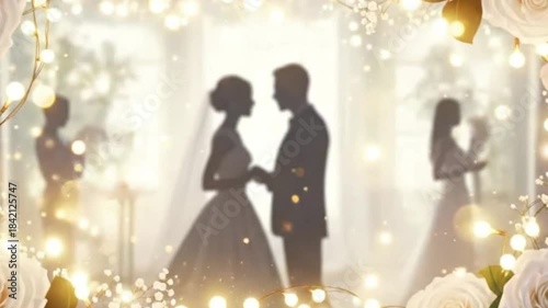 A romantic and ethereal silhouette of a loving couple holding hands, framed by shimmering bokeh lights and delicate white roses. The soft-focus background creates a dreamy, intimate atmosphere, perfec