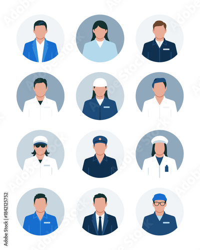 Diverse Professional Avatar Collection Featuring People in Various Occupations, Illustrating Teamwork and Career Opportunities in Business, Healthcare, and Service Industries, Ideal for Corporate Comm