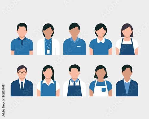 Diverse Workforce Illustrations: Representing Professionals in Various Industries, Flat Vector Avatars for Corporate Communications, Marketing, and Website Design, Modern Minimalist Style with Blue To