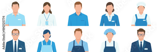 Diverse Workforce Team Portraits: Professional Staff Group Ready for Business, Healthcare, Education Projects, Showing Teamwork and Service, Modern Flat Vector Style, Minimalist Design, Featuring Unif