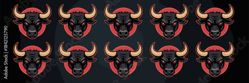 Aggressive Bull Heads Pattern Illustration Against Dark Backdrop Showcasing Fierce Determination, Power, and Intensity for Sports Branding, Marketing Campaigns, Stock Market Visuals, Symbolizing Finan