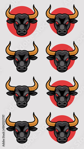 Fierce Bull Head Icons Pattern - Aggressive Animal Mascot for Sports Team, Gaming, or Finance Industry - Vector Graphic with Red Eyes on Dark Background - Symbol of Strength, Power, Determination for
