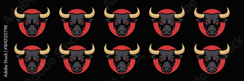 Ten Angry Bull Heads Aggressively Staring on Black Backdrop, Symbolizing Strength and Determination in Finance, Sports, and Branding - Powerful Graphic for Marketing, Advertising, and Presentations, F