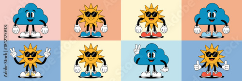 Retro Cartoon Weather Icons Performing Actions on Colorful Backgrounds, Representing Optimism and Fun, Ideal for Children's Education, Creative Marketing Materials, Website Graphics, and Cheerful Pres