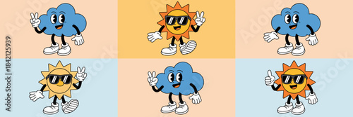 Retro Cartoon Weather Characters Spreading Positive Vibes: Sun and Cloud Mascot Team Displaying Peace Signs and Thumbs Up on Pastel Backgrounds for Nostalgic Designs and Optimistic Marketing (Presenta