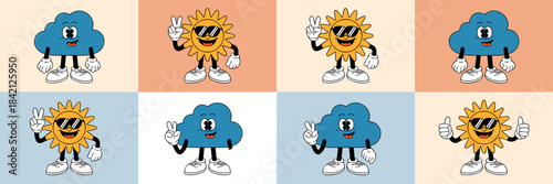 Cheerful Retro Cartoon Weather Characters  Spreading Positive Vibes on a Colorful Checkerboard Background – Vintage Style Sun and Cloud Icons  for Summer Marketing,  Creative Projects, School Designs,