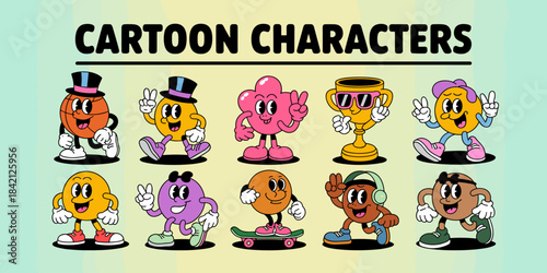 Retro Cartoon Characters Collection Walking and Posing with Attitude on Gradient Background, Ideal for Branding,  Advertising and Marketing Materials in Business, Education and  Healthcare with Mascot