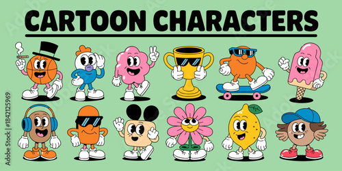 Collection of Animated Cartoon Characters in a Retro Groovy Style Posing with Attitude on a Light Green Background for Children's Education, Creative Marketing, and Modern Business Presentations, Prom