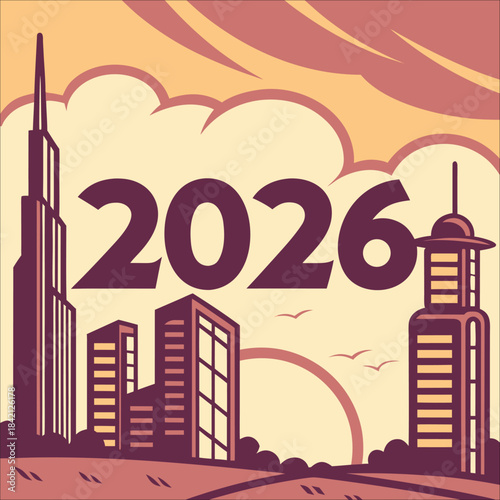 2026 Futuristic City Illustration – Modern Skyline with High-Rise Buildings