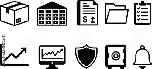 Collection of black business and finance icons on white background Keywords: business, finance
