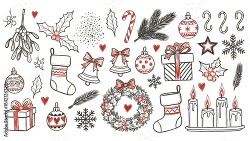 Hand-Drawn Winter Elements Collection Snowy Landscape, Forest, and Holiday Season Illustrations