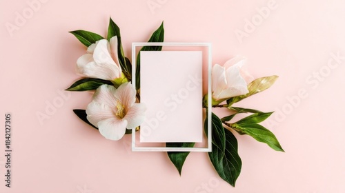 A white rectangular frame with blank paper is centered over a floral arrangement on a pink background,