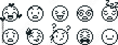 Emoji emoticon pixel art positive and negative expression vector set, black outline retro 8 bit sad, happy, love face