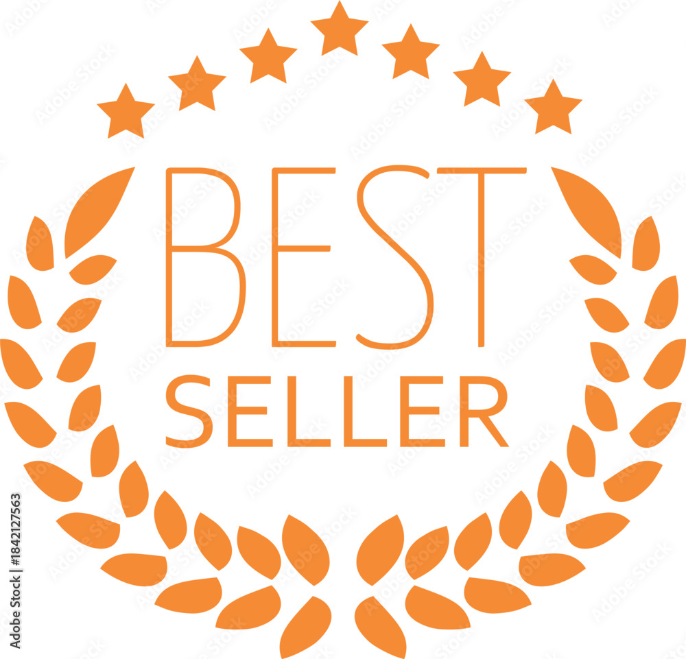 Fototapeta premium Best seller award badge with laurel wreath and stars vector icon, gold achievement medal, winner quality business label