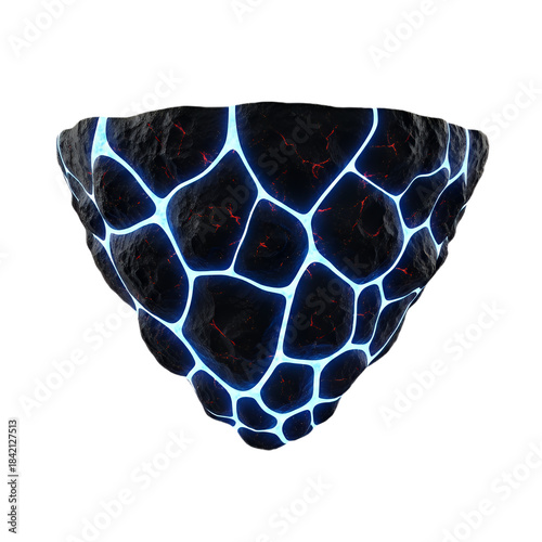A futuristic celestial body: dark volcanic rock with bright blue energy veins and red glowing cracks