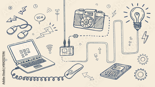 Technology Doodle Silhouettes Collage featuring Phones, Laptops, and Wireless Devices in a Modern Communication and Connectivity Concept