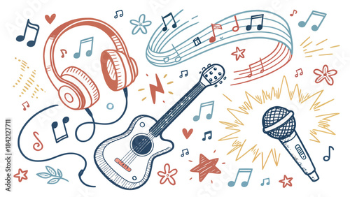 Fun Music Doodle Silhouettes with Headphones, Guitars, and Musical Notes – Playful Elements for Audio, Entertainment, and Sound Themes