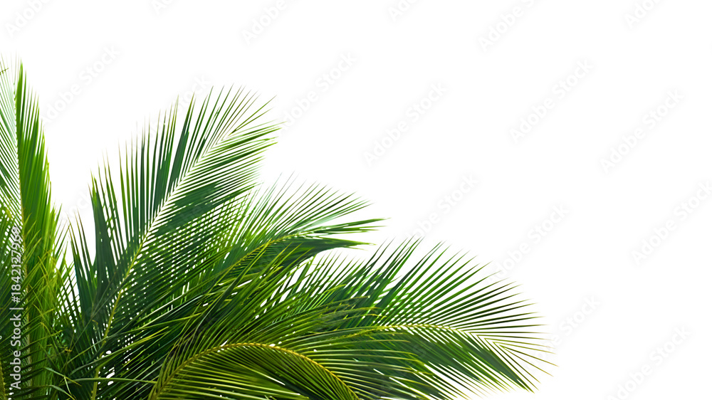 Fototapeta premium Lush green tropical palm leaves displayed against a white background, perfect for summer themes, vacation ads, and botanical design projects.