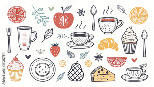 Delicious Food Doodle Silhouette Collection featuring Coffee Cups, Cupcakes, and various Treats, perfect for Cafe and Culinary Designs.