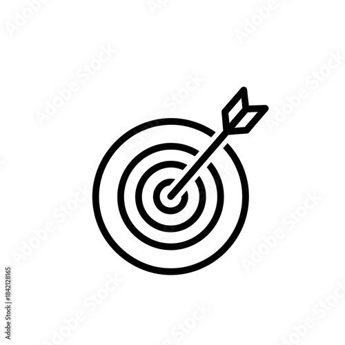 A black and white line art icon of an arrow striking the exact center of a target board isolated on white background