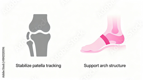 Patellar track stabilizing arch support represents the stable trajectory of the patella and the healthy support of the arch structure, suitable for promoting health products such as protective gear.
