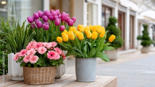 Colorful fresh flowers decorating a charming street shop entrance