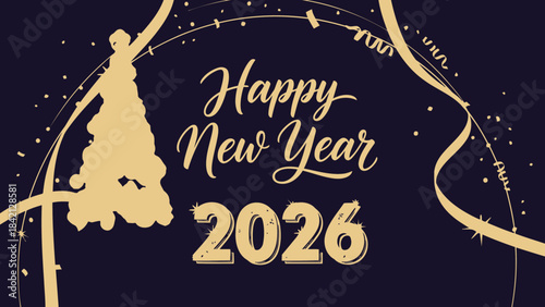 Happy new year 2026 gold text and christmas tree on dark blue background with confetti and stars