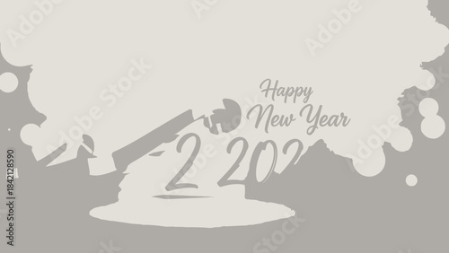 Happy new year 2020 celebration with fireworks and festive decorations on gray background