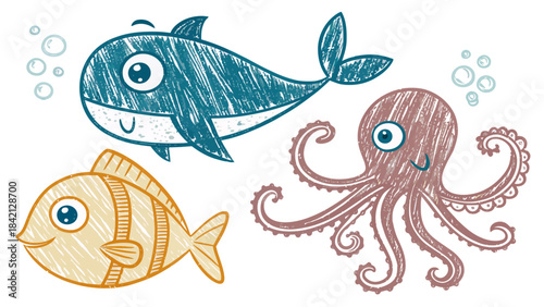 Childlike Crayon Doodle Silhouette of Fish and Whales, a Playful Underwater Vector Illustration for Marine Life Themes and Kids' Activities