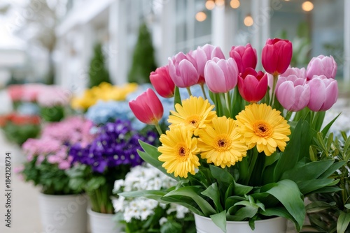 Colorful potted tulips and gerbera daisies in flower shop