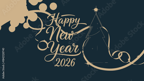 Happy new year 2026 gold text on dark blue background with decorative design elements