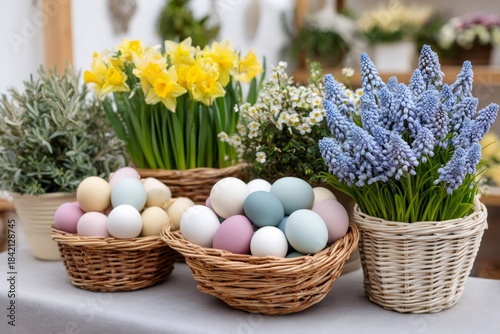 Wallpaper Mural Easter eggs in baskets with spring flowers backdrop Torontodigital.ca