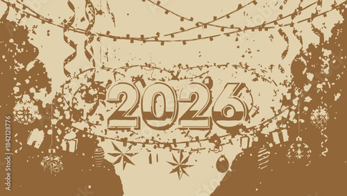 Brown and beige 2026 new year celebration background with string lights and decorations