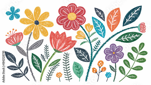 Stylized Crayon Doodle Silhouette featuring Flowers and Leaves, a Playful Vector Art Piece for Children's Themes and Decorative Graphics