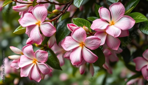 Rain-drenched Gardenia crape jasmine blossoms clinging to branches, closeup, floral