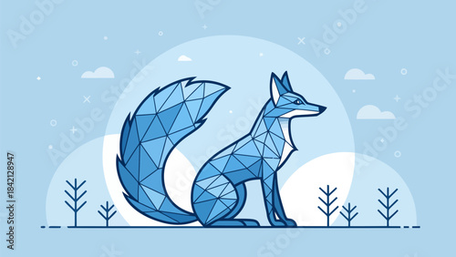Modern Blue Vector Fox Silhouette with Curled Tail, elegant geometric line art design for nature or smart branding.