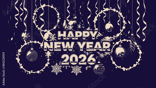 Happy new year 2026 festive illustration with ornaments and decorations on dark blue background