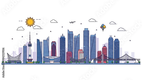 Flat line illustration of a city skyline with diverse architecture a historic castle, an arch bridge, and skyscrapers. For urban travel themes
