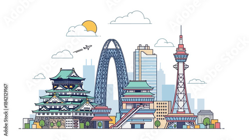 Vibrant vector illustration showcasing a modern Asian city skyline with iconic architectural landmarks, bridges, and skyscrapers under a bright sunny sky, perfect for travel and tourism concepts