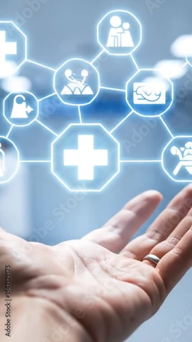 Hand Reaching Towards a Glowing Medical Network with Healthcare Symbols Against Blurred Background in Blue Tones for Medical Campaign Concept and Technology Advertisement