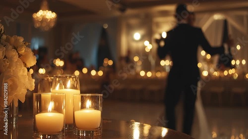 Elegant wedding cake and first dance concept. Soft candlelight enhances the romantic atmosphere as the couple shares a dance.