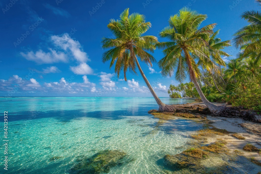Naklejka premium Idyllic tropical beach with crystal clear turquoise water and palm trees