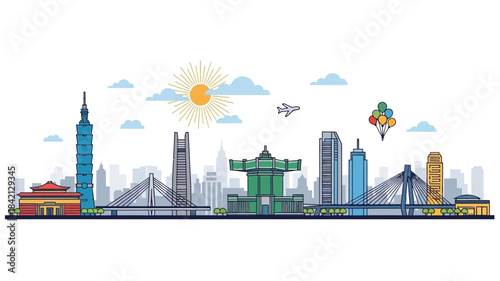 Vibrant line art illustration capturing Japan's iconic skyline, showcasing traditional temples, pagodas, and modern architecture in a cultural travel panorama