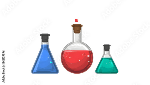 Laboratory Experiment Icon – Erlenmeyer & Round Bottom Flasks with Colored Liquids