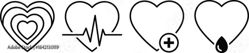 Black line heart shapes with medical symbols line black
