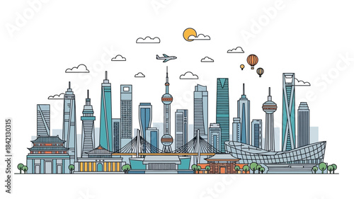 Dynamic City Skyline Illustration Modern and Traditional Architecture Blended in a Vibrant Urban Landscape, Representing Global Travel and Business Hubs