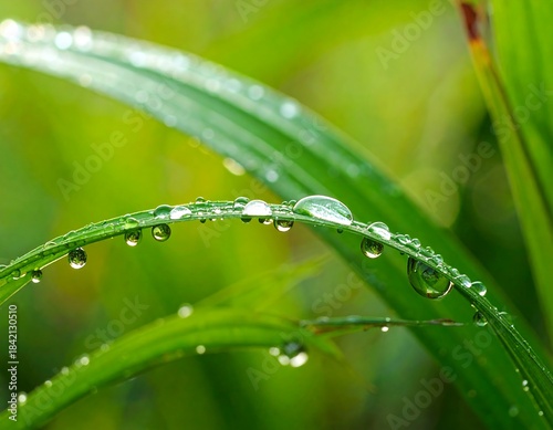 Close-up of dewdrops glistening on vibrant green blades
